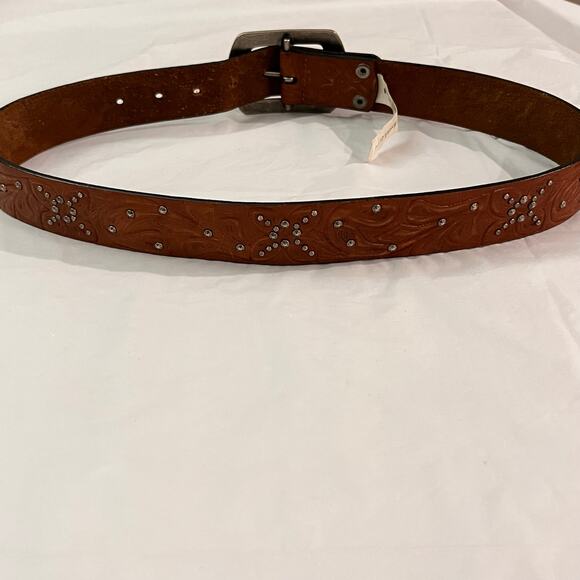 Fossil Belt Size S Brown Genuine  Leather Tooled Studded Western Boho Buckle - Picture 6 of 15